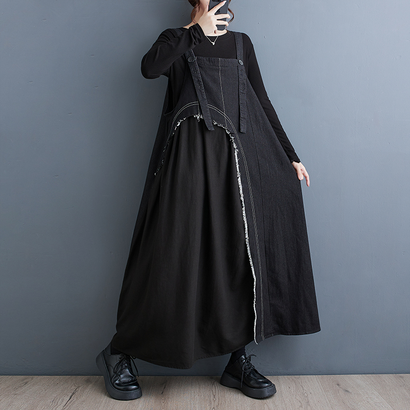 「同梱1万円送料無料」秋*新作*カジュアル*オシャレ*ゆったり大きいサイズ*体型カバー*デニム*切り替え*袖なしロングワンピース*F*黒拍卖