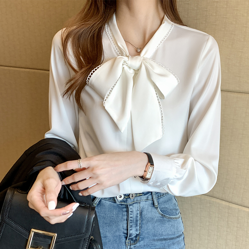 SALE「同梱1万円送料無料」S~XXLサイズ新品エレガント リボン こなれ感 シフォン*通勤大人*普段着*着やせ*長袖*ブラウスシャツ*ブルー拍卖