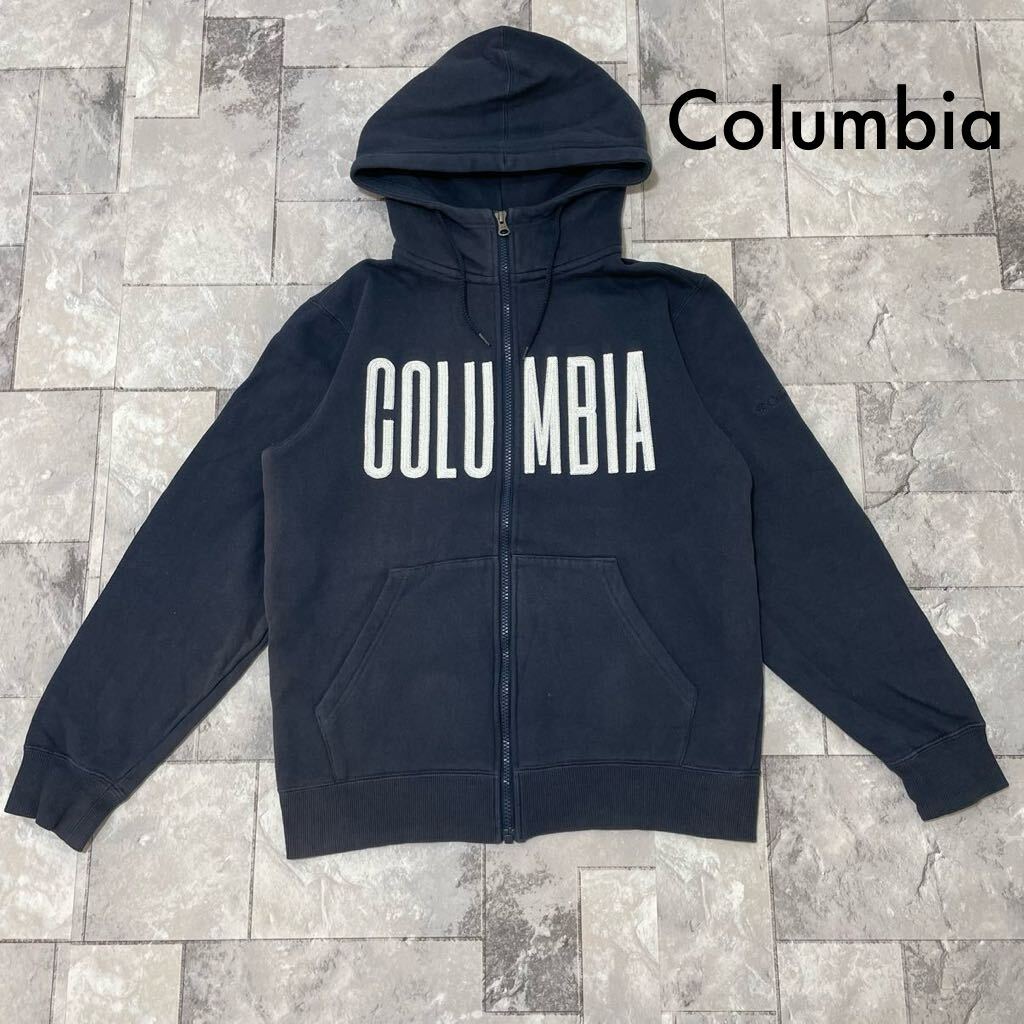 Columbia コロンビア sweat hoodie スウェットパーカー ジップアップフーディ ビッグ刺繍ロゴ アウトドア ネイビー 玉FL3467拍卖
