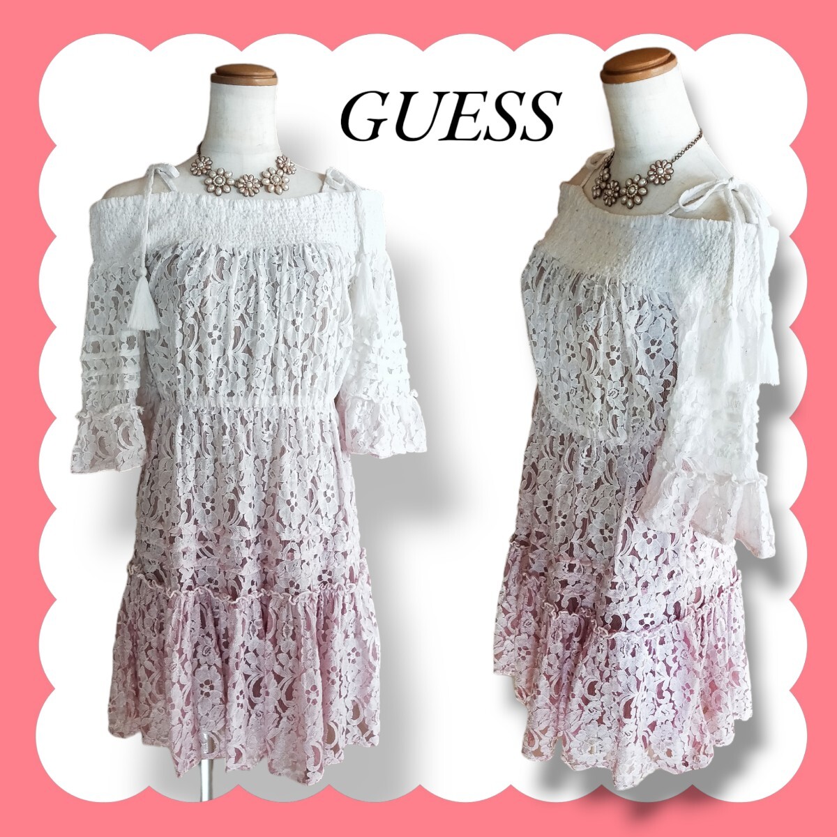 セルフポートレート好きな方に!GUESS レース オフショルダー ミニワンピース パーティドレス拍卖