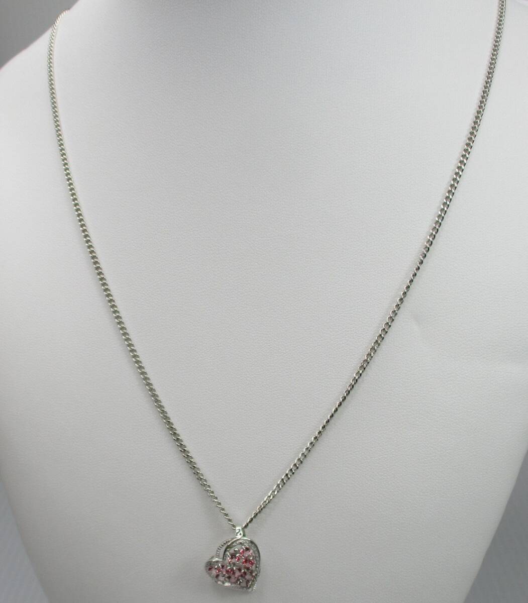 N-177 美品 シルバー925 ピンクラインストーン ハートロングネックレス 拍卖