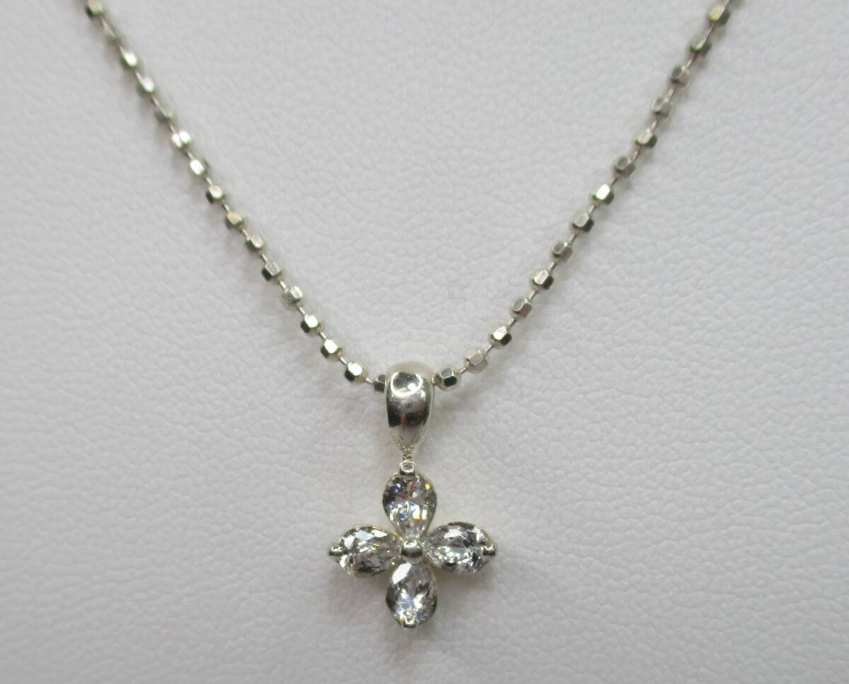 N-208 美品 シルバー925 ボールチェーン ラインストーン フラワーデザイン ネックレス拍卖