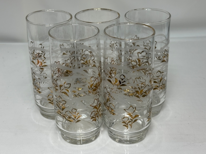 昭和レトロ ゴールドフラワー柄グラス 5個セット USED品拍卖