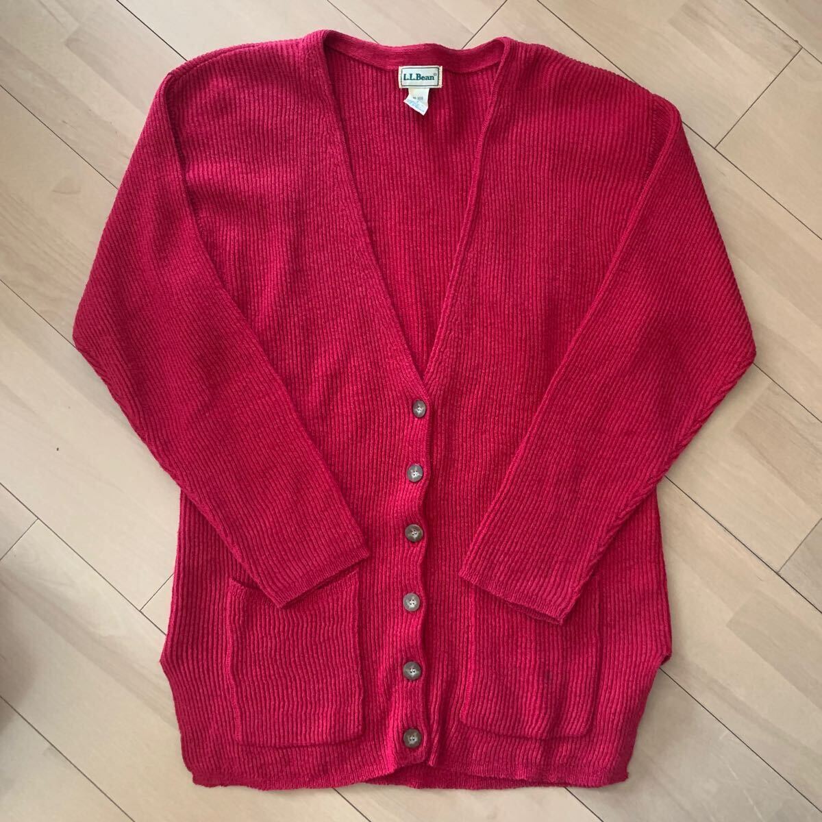 90s【L.L.Bean】エルエルビーン 長袖 ニット カーディガン レディース 無地 リネン 赤 ピンク系 Sサイズ ロング 古着 香港縫製拍卖