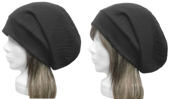 ◇送料無料◇ ハンドメイド◆リブ付ルーズワッチキャップ◆変りリブ織コットンニット/黒 ◇ゆったり・小顔効果・長いシーズン着用◇拍卖