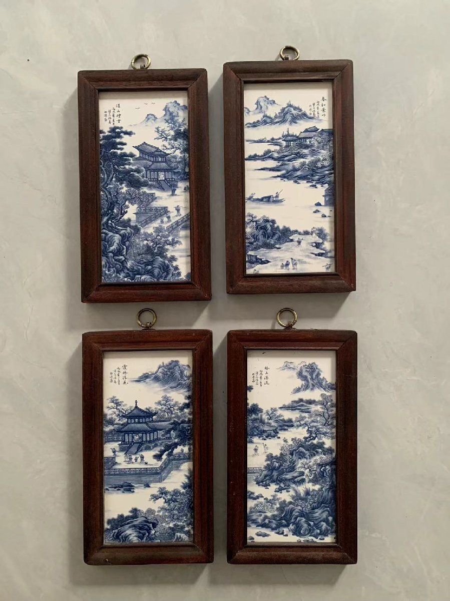 磁板絵 色絵磁器 山水画 花鳥絵 4枚セット 額付 唐物 中国古美術拍卖
