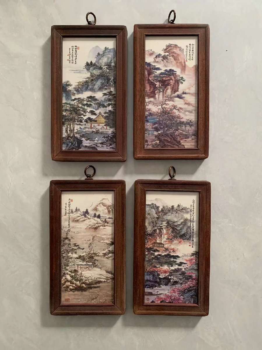 磁板絵 色絵磁器 山水画 花鳥絵 4枚セット 額付 唐物 中国古美術拍卖