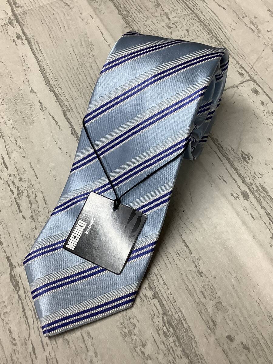 新品未使用 ミチコロンドン日本製ネクタイ 水色ブルーハイレベルストライプ お買い得サービス シルク100%拍卖