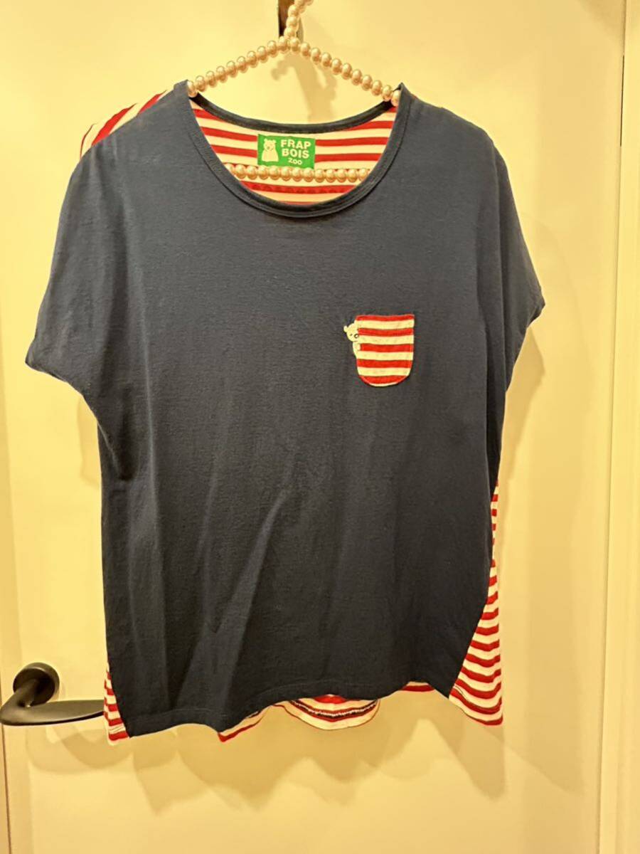 !断捨離500円〜!♪フラボア FRAPBOIS Tシャツ カットソー 半袖Tシャツ 半袖 ZOO ボーダー 紺色 レディースM〜Lサイズ サイズ1 USED♪拍卖