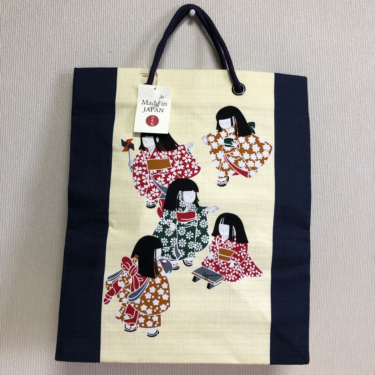トートバック 手提げ 浮世絵 ショッピングバッグ わらべ 和柄 外国みやげ 紺系 39×33×10cm 日本製 拍卖