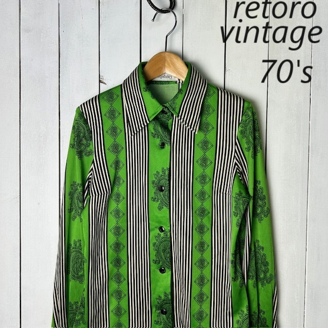 sh●658 国産レトロ古着 70s ストライプ柄切替え レトロブラウス 9 緑 オールド ヴィンテージ 昭和レトロ モダン ポリシャツ S~M拍卖