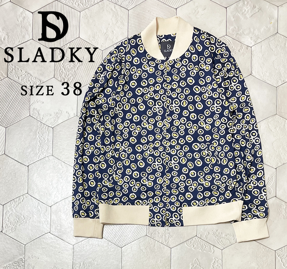 ◆美品 スラドキー【SLADKY】総柄 ミリタリージャケットデザイン 今期トレンドのシアーブルゾン 濃紺 38◆拍卖
