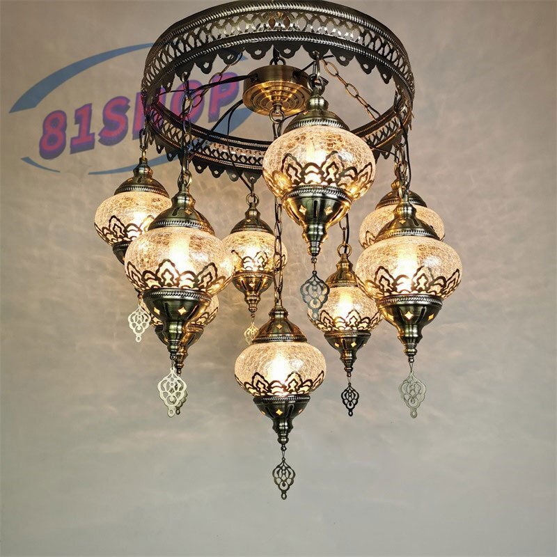 「81SHOP」 国内稀少! 9灯 手作りトルコランプ クラックガラス 直結タイプ 天井照明 南トルコ細工 シャンデリア インテリア拍卖