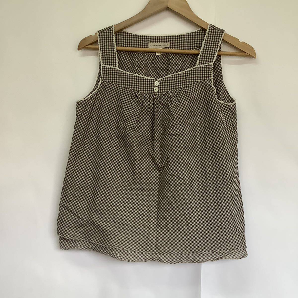 HUMAN WOMAN ノースリーブ ブラウス キャミソール 総柄 チェック ノースリーブカットソー 袖なし ボタン ヒューマンウーマン拍卖