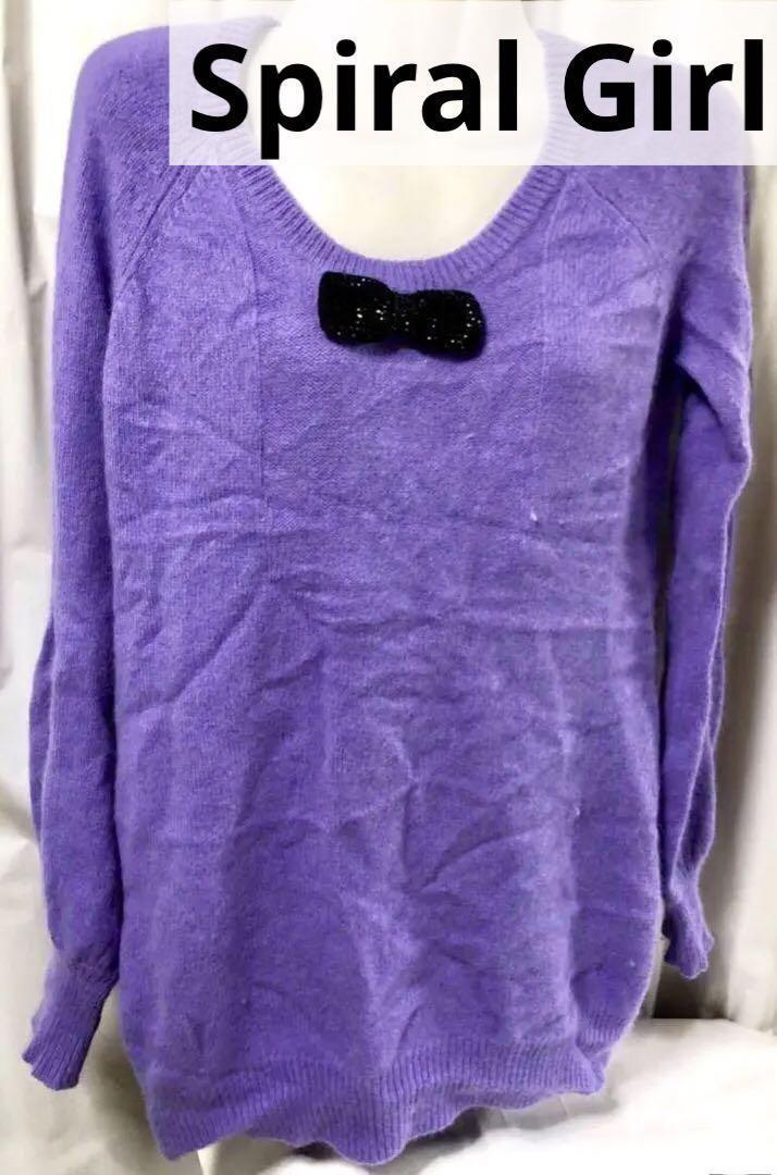 Spiral Girl スパイラルガール 紫色 ニット ゆったり あったかい Mサイズ アンゴラニット ミニワンピ風 秋冬物 リボン付き セーター拍卖