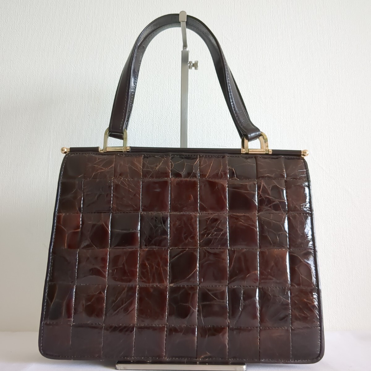 上品なハンドバッグ クロコ光沢レザー パッチワーク ブラウン レディース フォーマル 婦人鞄 ワニ拍卖