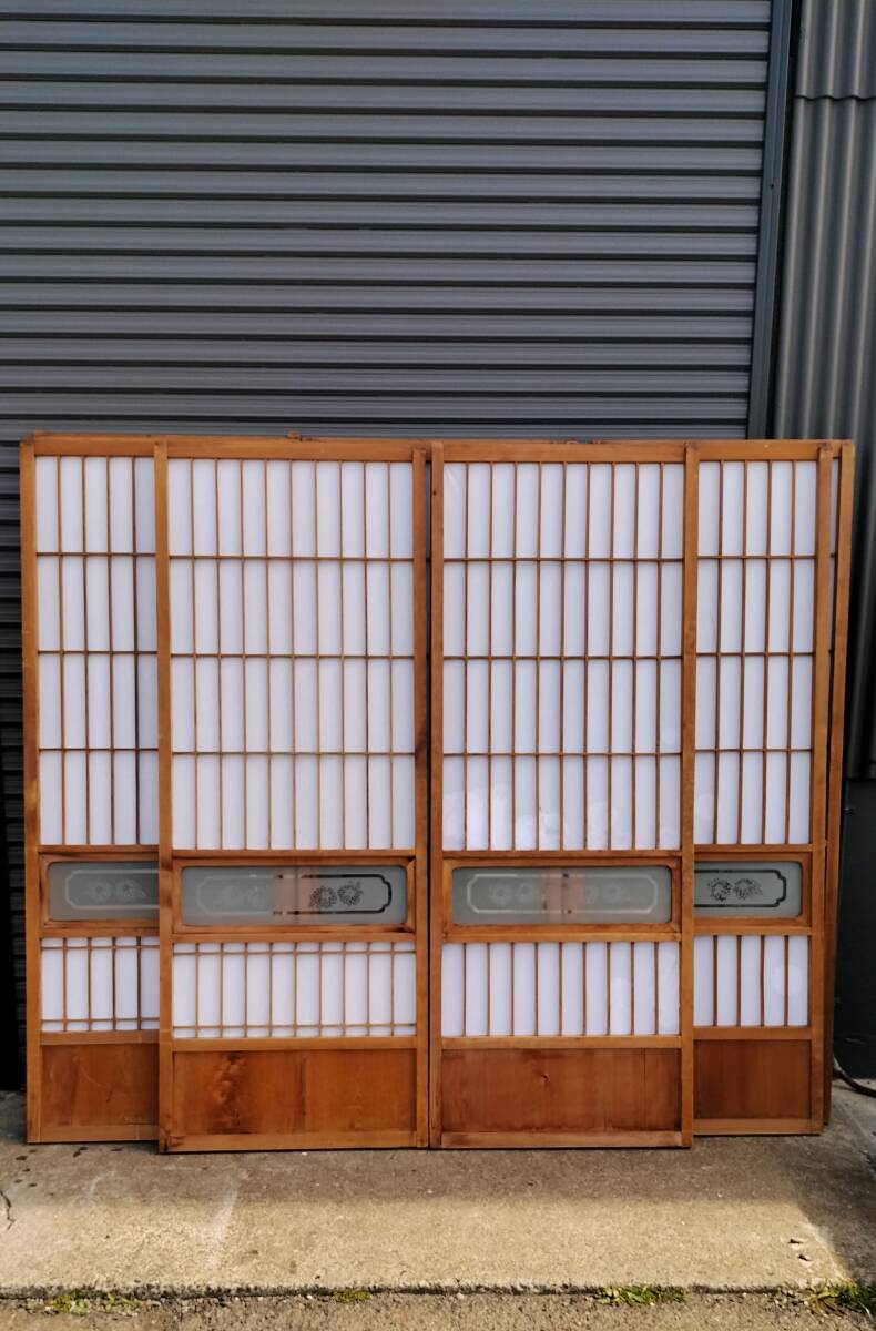 【愛知近郊・配送可】②■障子戸■8枚セット 約177×66.5㎝ 障子×ガラス 菊 建具 横額障子 昭和レトロ拍卖