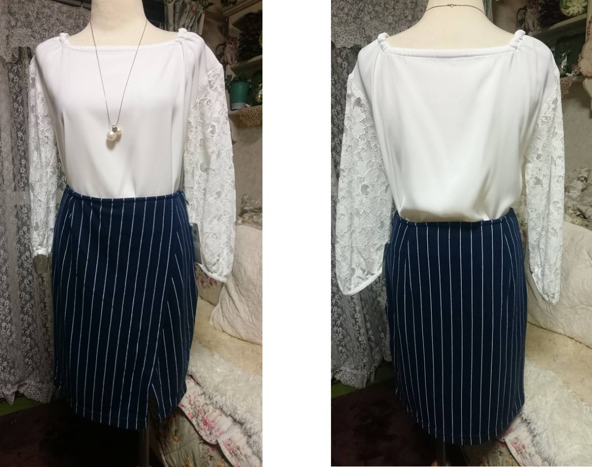 即決新品タグ付 earth music&ecologyスカート ネイビースカート ネイビーストライプスカート 巻きスカート風拍卖