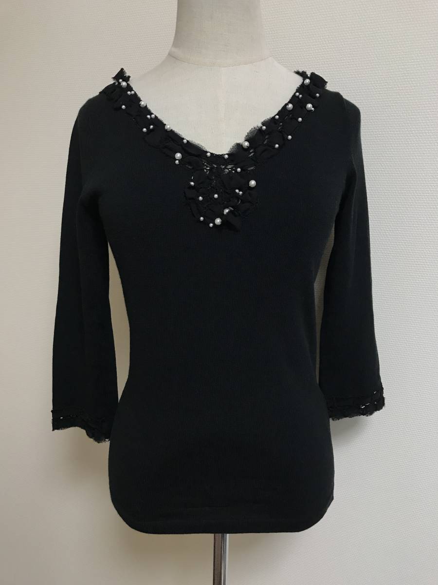 美品★プレミアムバイビッキー★パールニットカットソー★ブラックM★4024拍卖