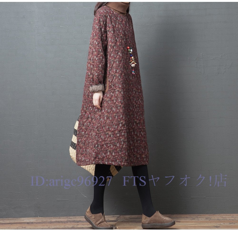 A6532☆新品秋冬 カジュアル オシャレ ゆったり大きいサイズ 体型カバー ハイネック プリント 中綿ロングワンピース M~XXL赤拍卖
