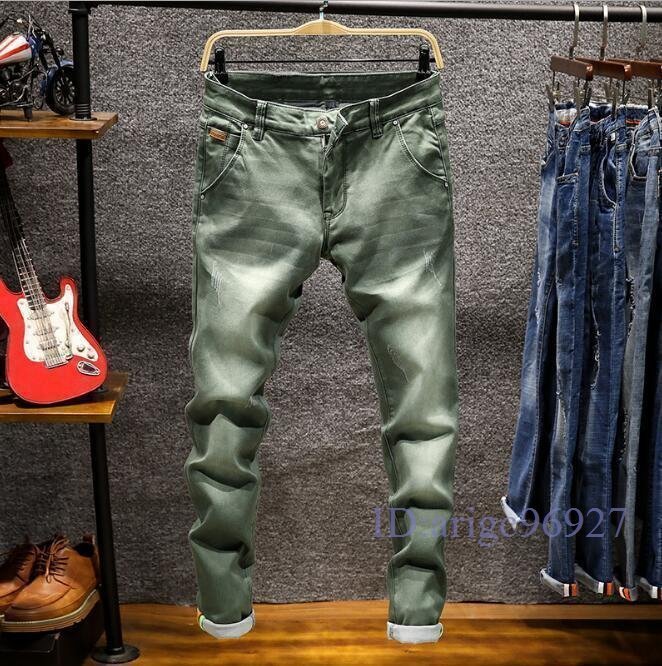 R173☆新品ジーンズ メンズスキニー デニムパンツ ストレッチ ロングパンツ デニム チノパンウォッシュ 6色 W28~W38サイズ選択 グリーン拍卖