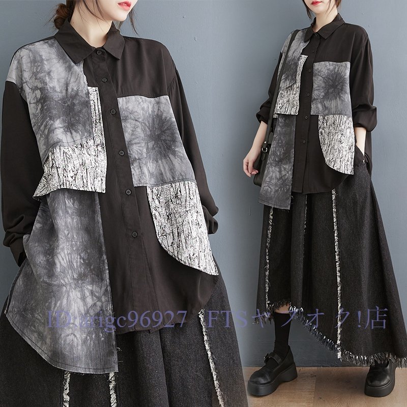 A6457☆新品春 カジュアル 20304050代 切り替え プリント柄 ゆったり大きいサイズ 長袖 オリジナルシャツブラウス 黒拍卖