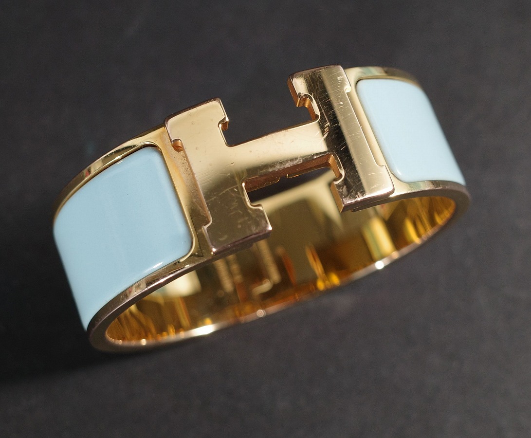 美品 HERMES エルメス クリッククラックGM Hロゴ バングル シルバー×ブルー ブルー ミントグリーン拍卖