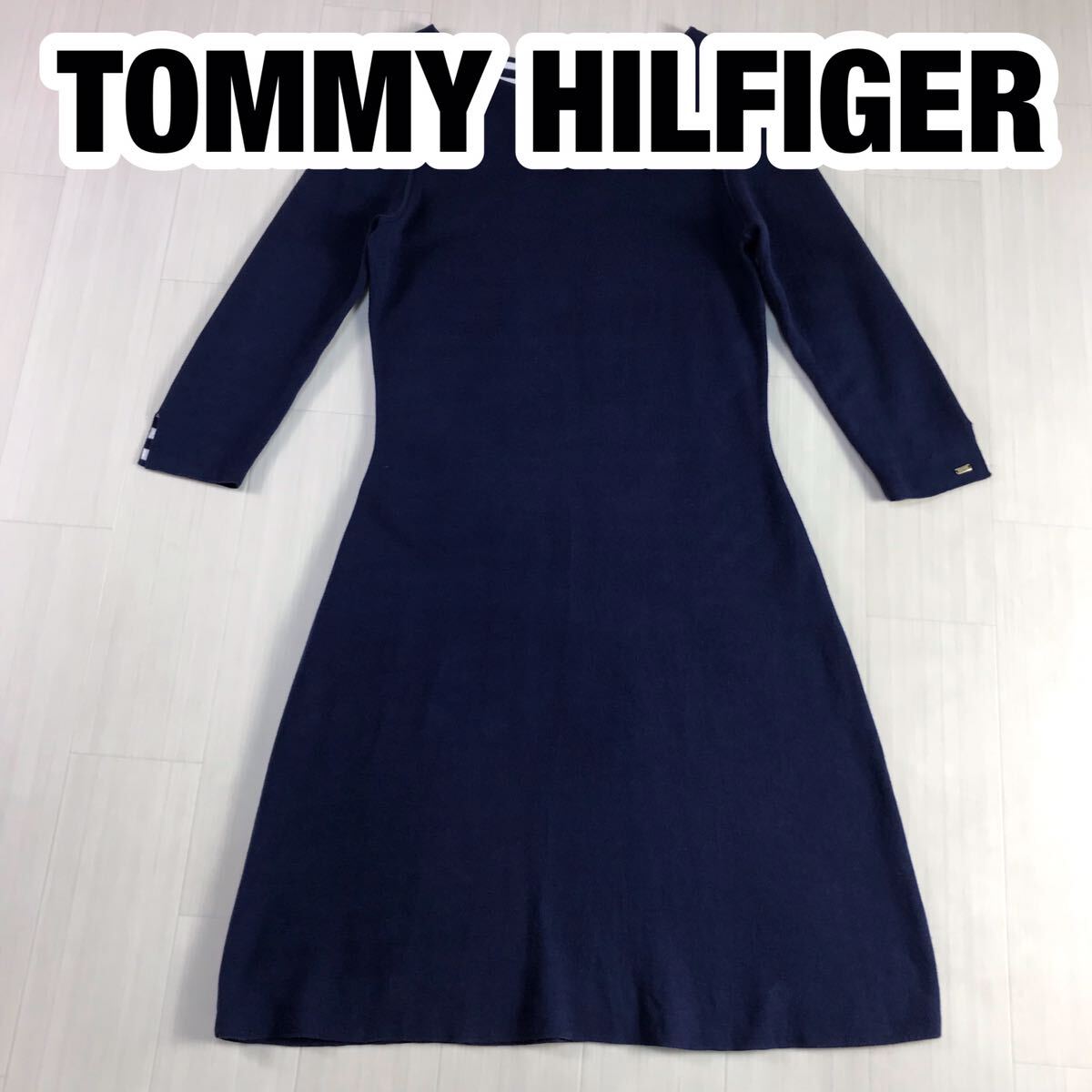 TOMMY HILFIGER ロングワンピース M リバーシブル ネイビー×ホワイト プレートロゴ拍卖