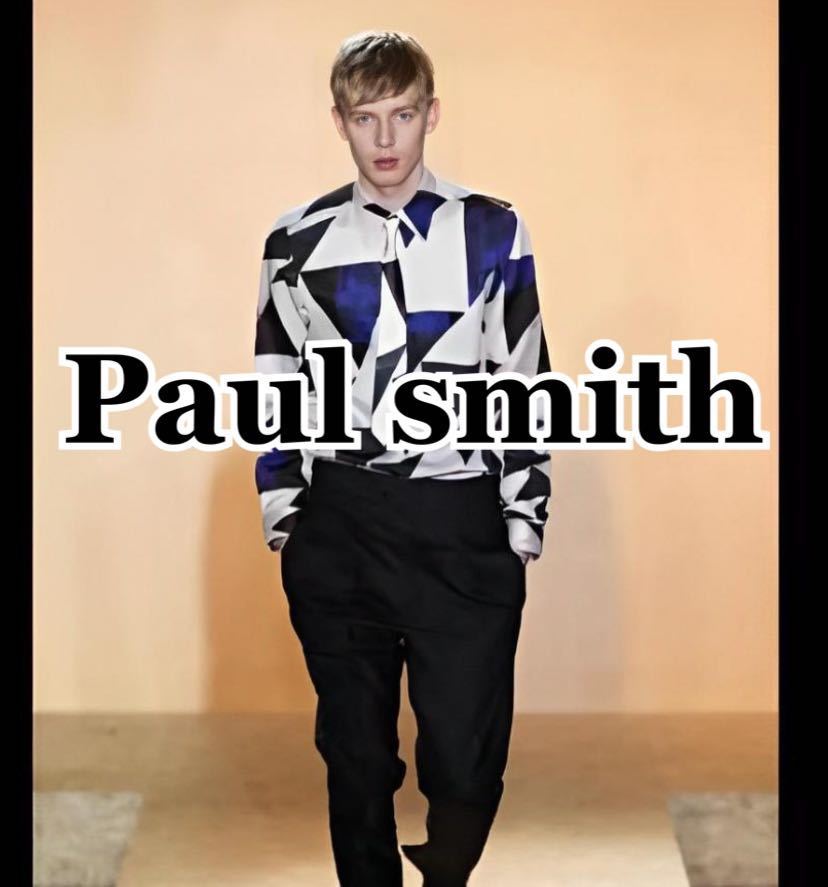 未使用タグ付き ポールスミス PaulSmith 13AW TRIANGLE PRINT SHIRT 幾何学 長袖シャツ Sサイズ 総柄シャツ ブルー ホワイト拍卖