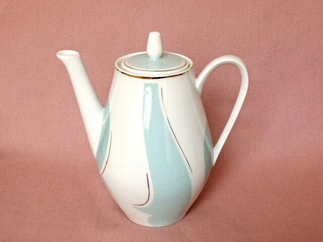 ●○東ドイツ製 小さめティーポット 白×水色 520ml○●コーヒーポット DDRGDRレトロビンテージアンティークヴィンテージ KI220拍卖