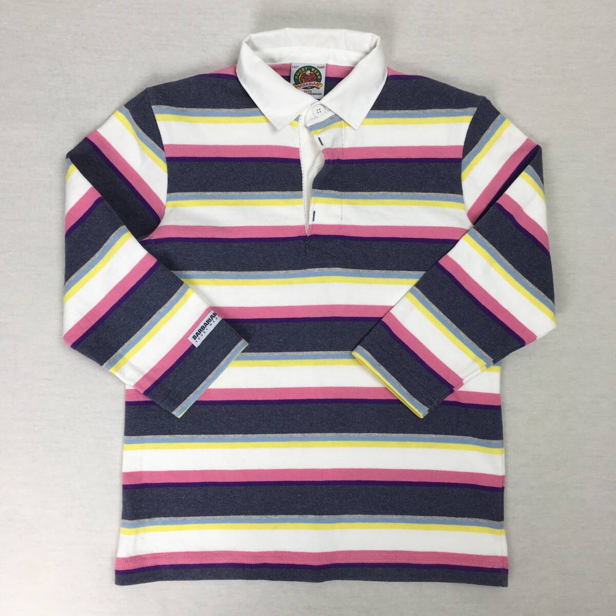 【美品】BARBARIAN バーバリアン ラガーシャツ カナダ製 レディース グレー/ホワイト/ピンク/パープル/イエロー ボーダー 七分袖 コットン拍卖