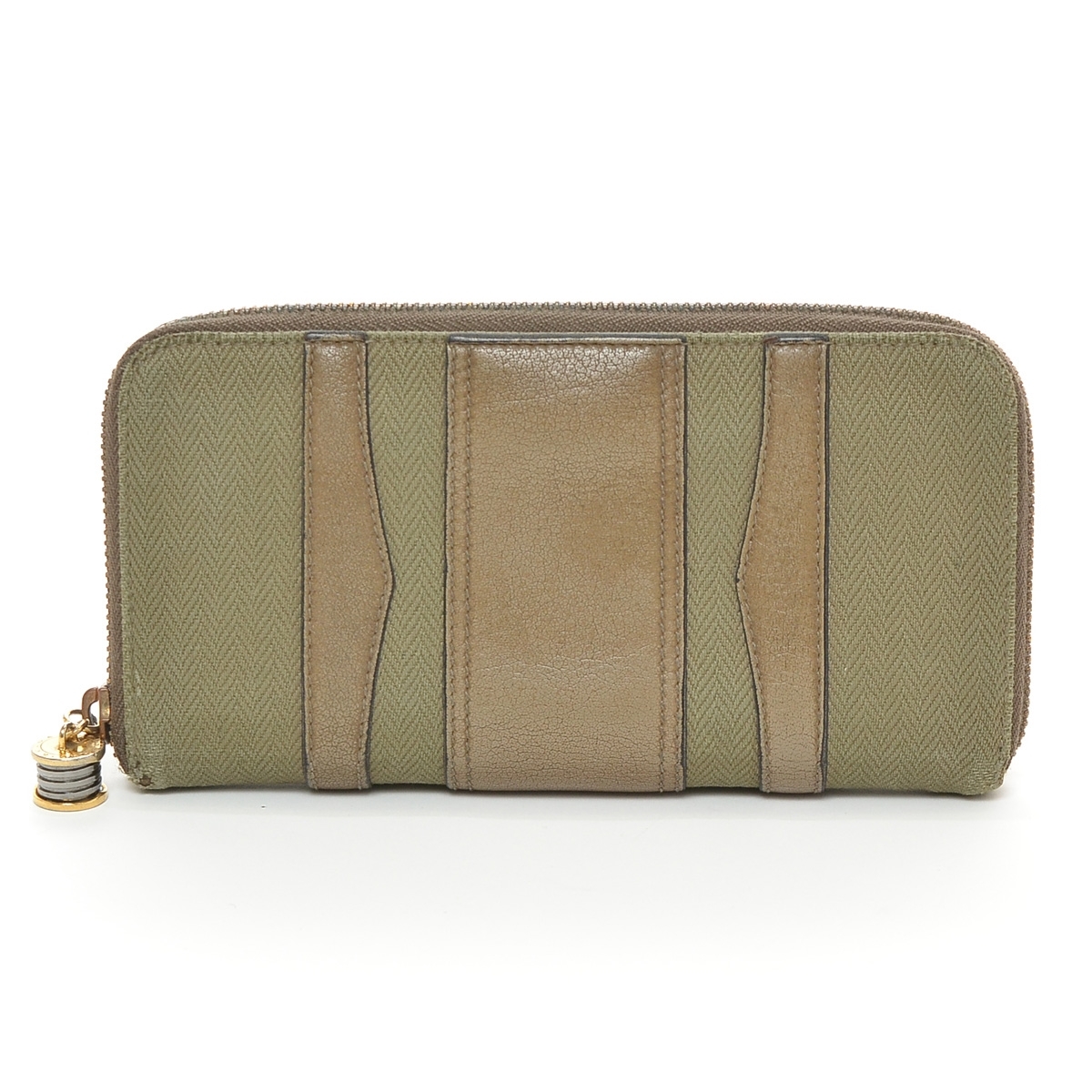 ■438457 BVLGARI ブルガリ ●ジップアラウンドウォレット ラウンドファスナー長財布 B-zero1 キャンバス レザー レディース カーキ拍卖