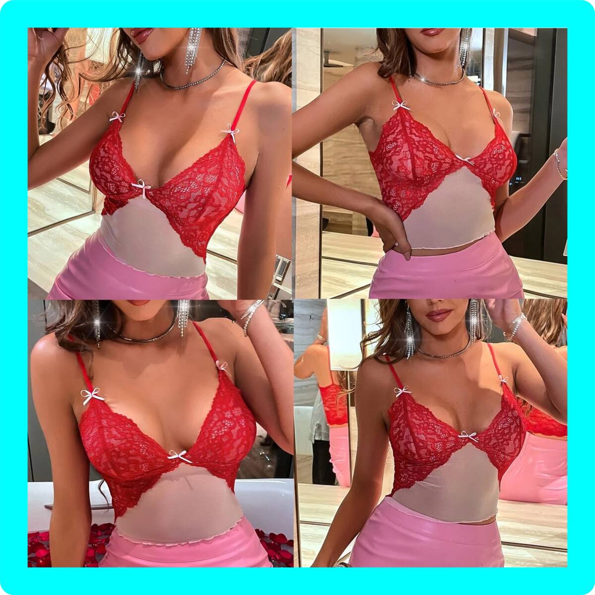 ♥♥超素敵★キャミトップ★シースルー★メッシュ★レース★レッド&ホワイト★大人可愛い♥♥X8拍卖