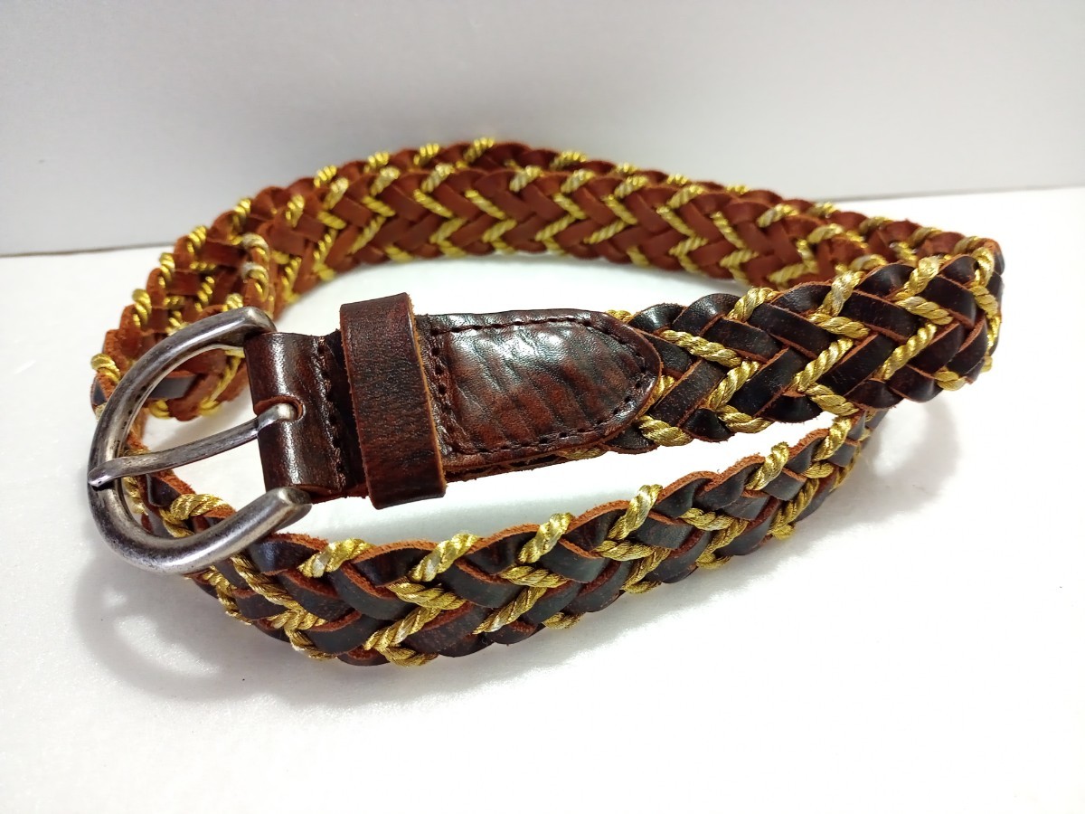 LOWRYS 本革×ゴールド紐メッシュベルト 全長104cm 30mm幅拍卖