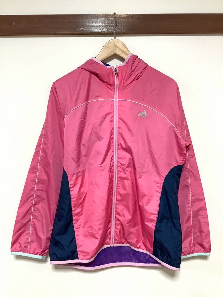 せ1306 adidas アディダス ウインドブレーカー ウインドパーカー レディース OT ピンク/ネイビー 裏地メッシュ climaproof拍卖