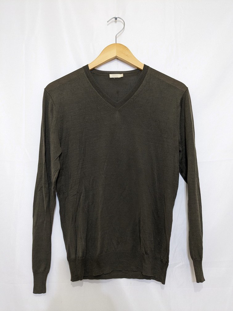 EDIFICE エディフィス Vネックシルク100ニット カットソー サイズ:M カラー:オリーブ拍卖