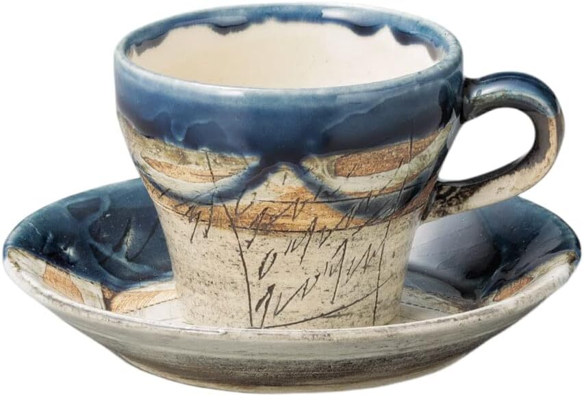 美濃焼! ☆ネイビーキネ形コーヒー碗皿☆ 95029-021 新品 ラテ エスプレッソ カプチーノ 紅茶 ミルク 茶器 ギフト拍卖