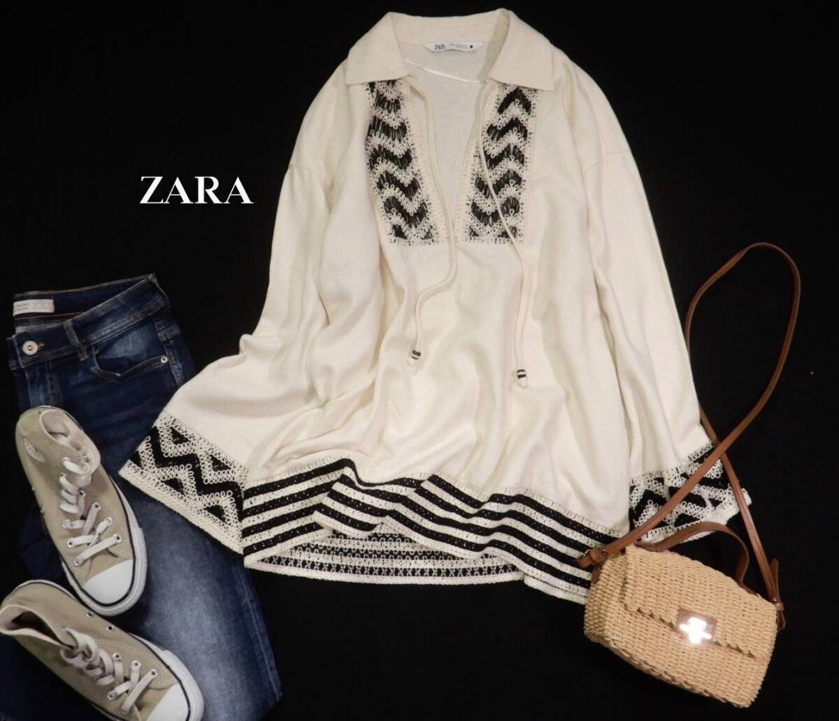 ザラ ZARA 大人カジュアル☆ コットン リネン 刺繍レース ざっくりスキッパー デザインプルオーバー チュニック M拍卖