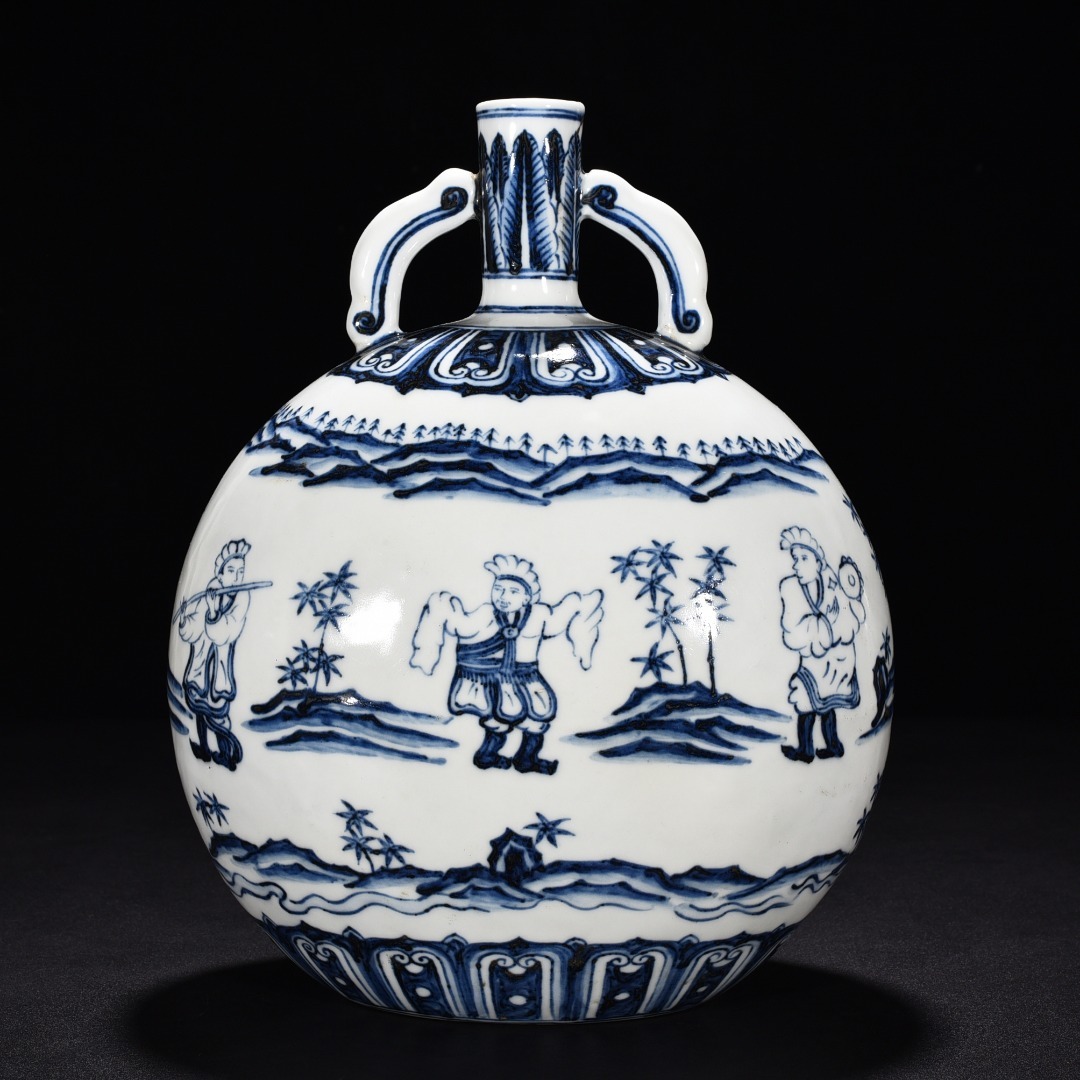明永樂 青花 人物文抱月扁瓶 唐物 陶磁器 中国美術 工芸品 HB871拍卖