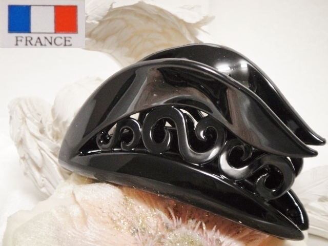 ♪ 新品 バンスクリップ『高品質/Made in France/フランス製/エレガント/ヴィクトリア調/オリエンタル調/透かし模様/ブラック/黒』♪ 拍卖