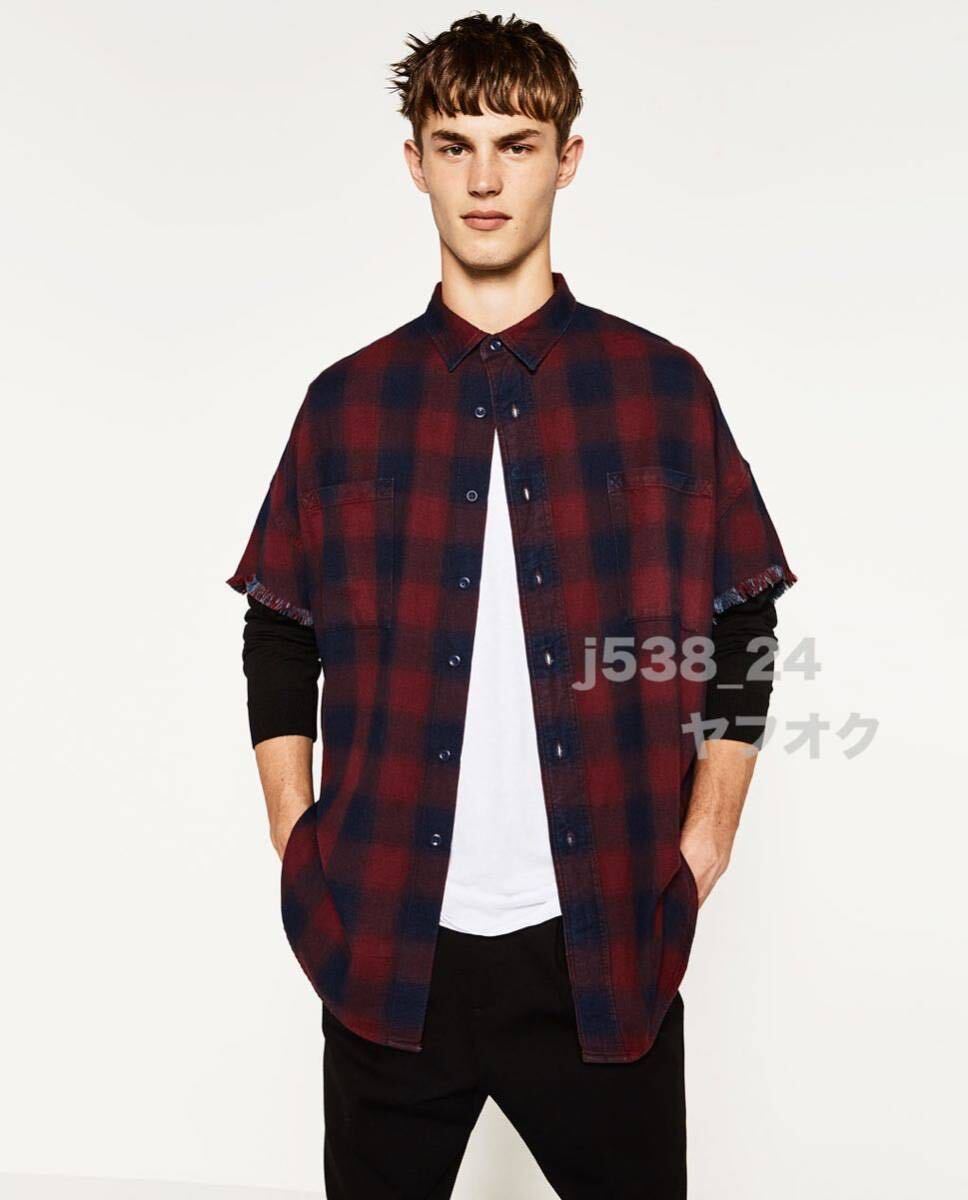 ZARA MAN ビッグシルエット カットオフ ダメージ シャツ メンズ 白 黒 L 42 ロング丈 オーバーサイズ チェック柄 チェック FEAR OF GOD拍卖