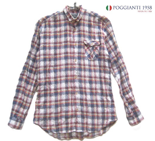 美品イタリア製!!ポジャンティ1958 POGGIANTI 1958*麻52% フラップポケット付き チェック柄リネンコットンバンドカラーシャツ 38 M拍卖