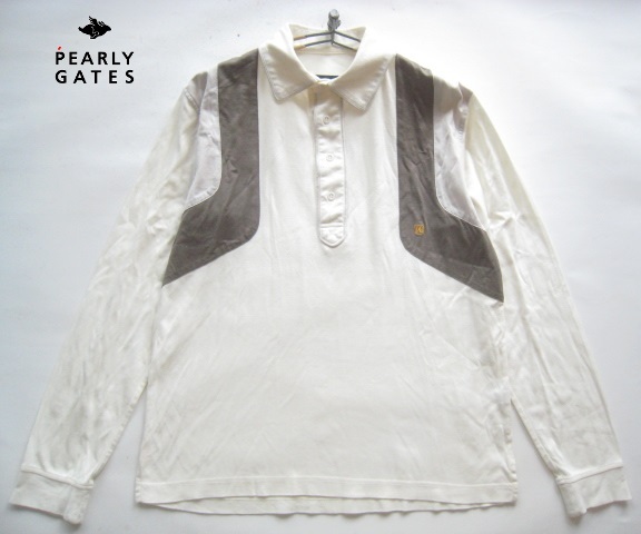 高級!!パーリーゲイツ PEARLY GATES*ロゴ刺繍 長袖ポロシャツ 4 実寸M 白×カーキ サンエー・インターナショナル GOLF ゴルフ拍卖