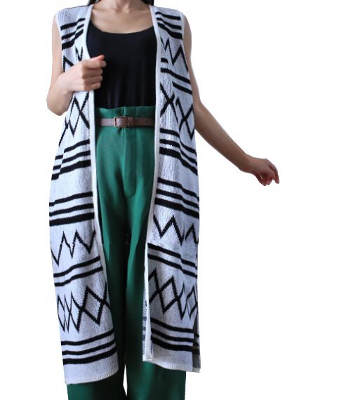 新品 定価5489円 Avan Lily アヴァンリリィ ロング ニット ジレ ベスト ノースリーブ エスニック柄 ネイティブ柄 白 黒 セーター拍卖