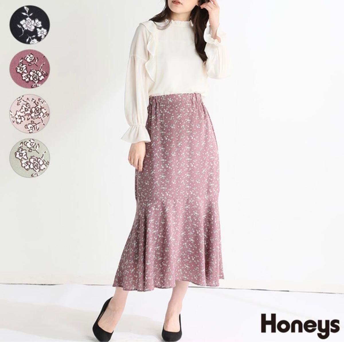 送料無料 即決 Honeys ハニーズ マーメイドスカート サイズM ラベンダー ロングスカート 花柄 サイズM ウエストゴム入り拍卖