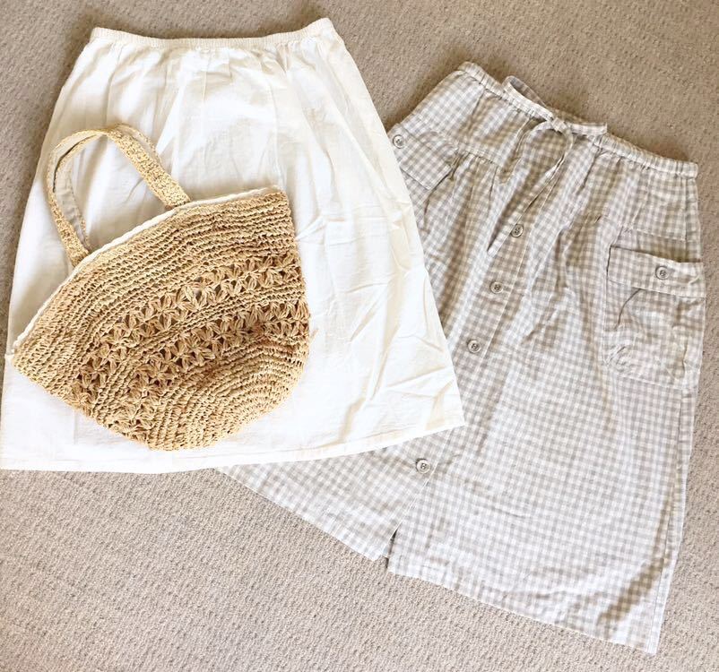 送料無料 pililani ナチュラルテイストなチェック柄スカート 裏地付き 麻混 サイズM ベージュ&オフホワイト拍卖