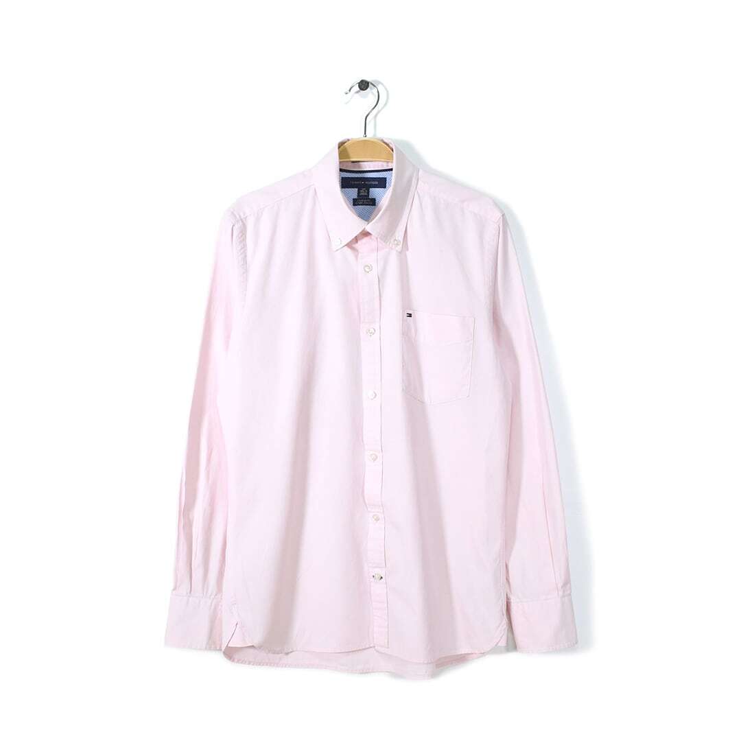 【送料無料】トミーヒルフィガー ボタンダウンシャツ ロゴ刺繍 チェック 薄ピンク マチ付 長袖シャツ TOMMY HILFIGER サイズS 古着 @CA1326拍卖