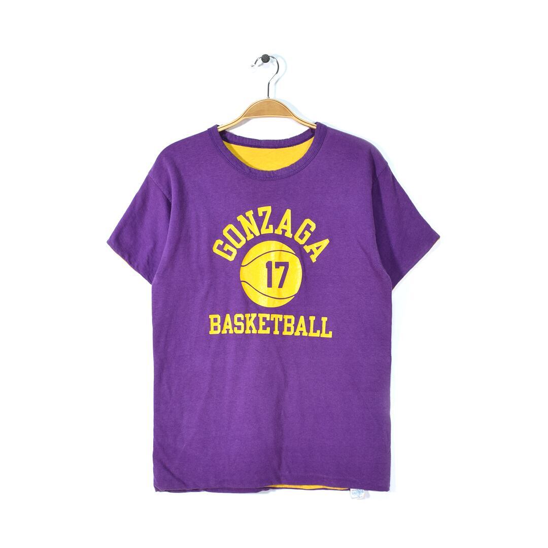 【送料無料】70s チャンピオン GONZAGA BASKETBALL バータグ 3段プリント ヴィンテージTシャツ リバーシブル 紫 黄 CHAMPION M @BD0025拍卖