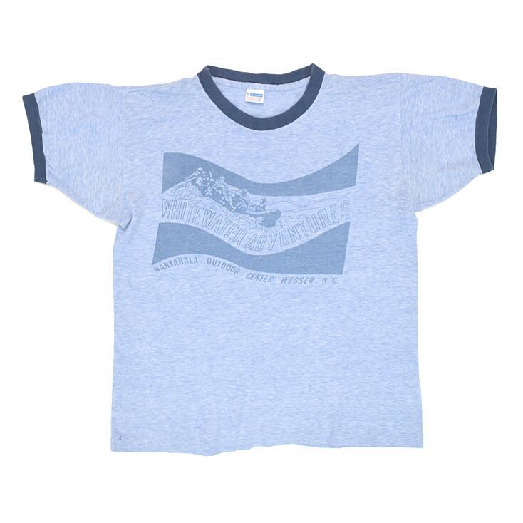 【送料無料】70s チャンピオン ビッグ染み込みプリント バータグ ヴィンテージTシャツ 青霜降り CHAMPION サイズM 古着 @BD0020拍卖