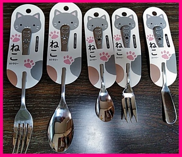 【送料無料:可愛い カトラリー:5本:日本製】★可愛い「ねこ・猫」:スプーン・フォーク・バターナイフ★食器 カトラリー:S拍卖
